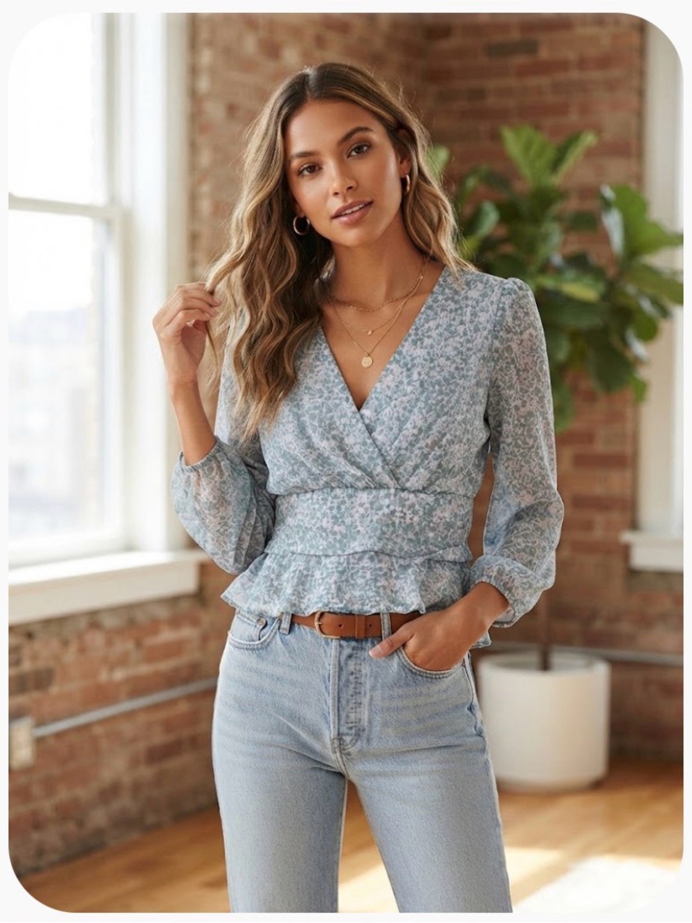 Women's Floral Wrap Peplum Blouse - Light Blue